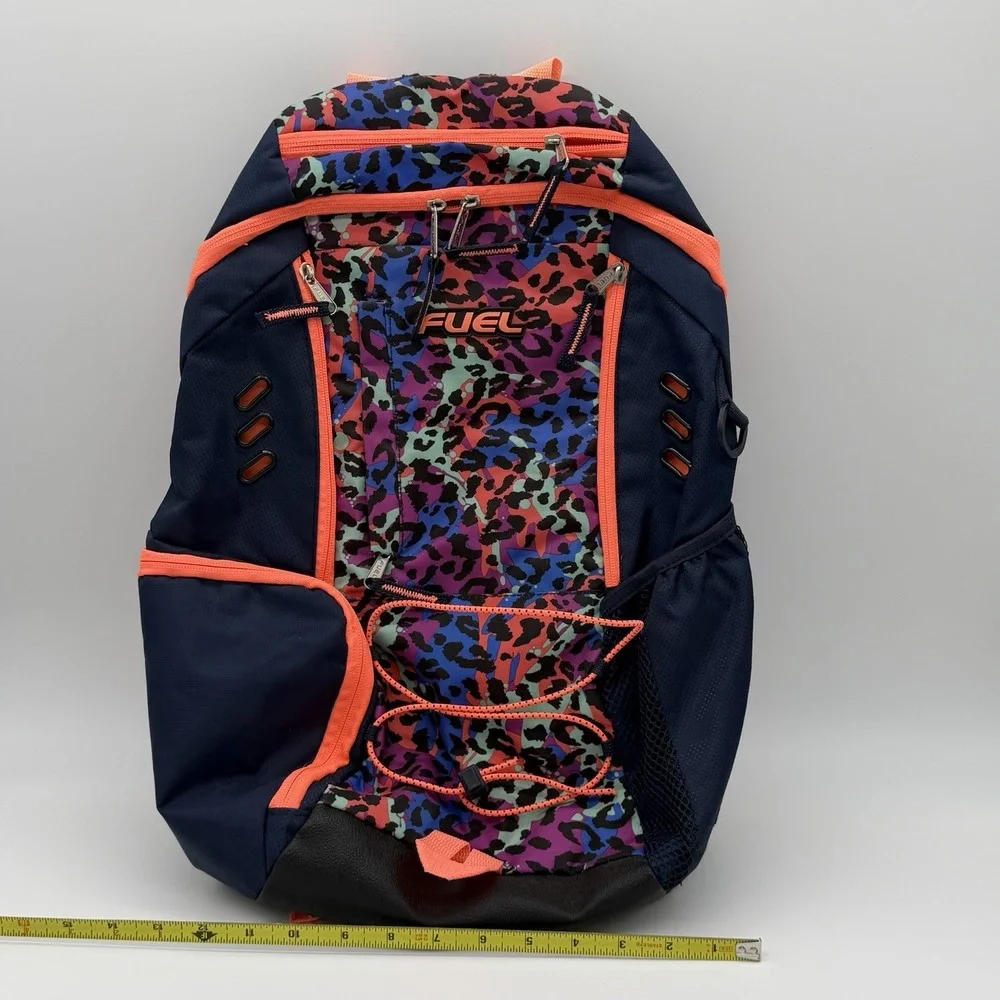 FUEL Ultimate Extreme Bungee Backpack Leopard Cheetah Navy Coral Multicolor